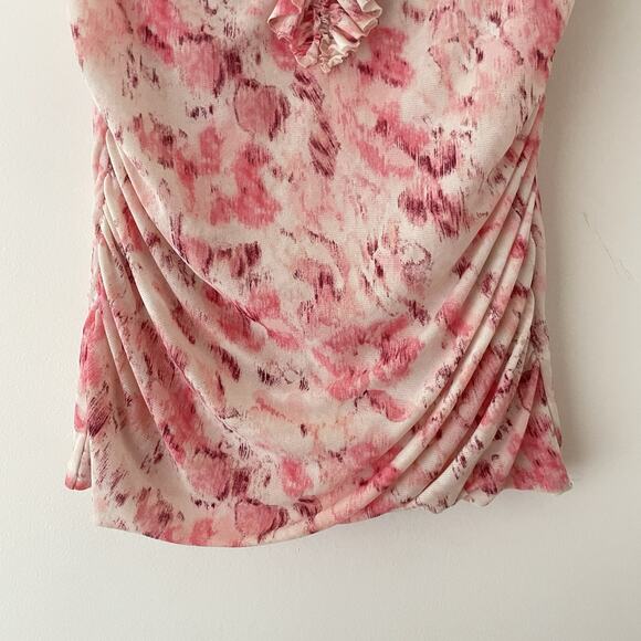 Y2K Sleeveless Blouse S Pink Ruffle Ruched Hem Barbie Coquette Fairy Romantic - Picture 4 of 9